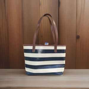 Blue White Stripe Tote Bag Leather Straps Shoulder Bag Casual Beach